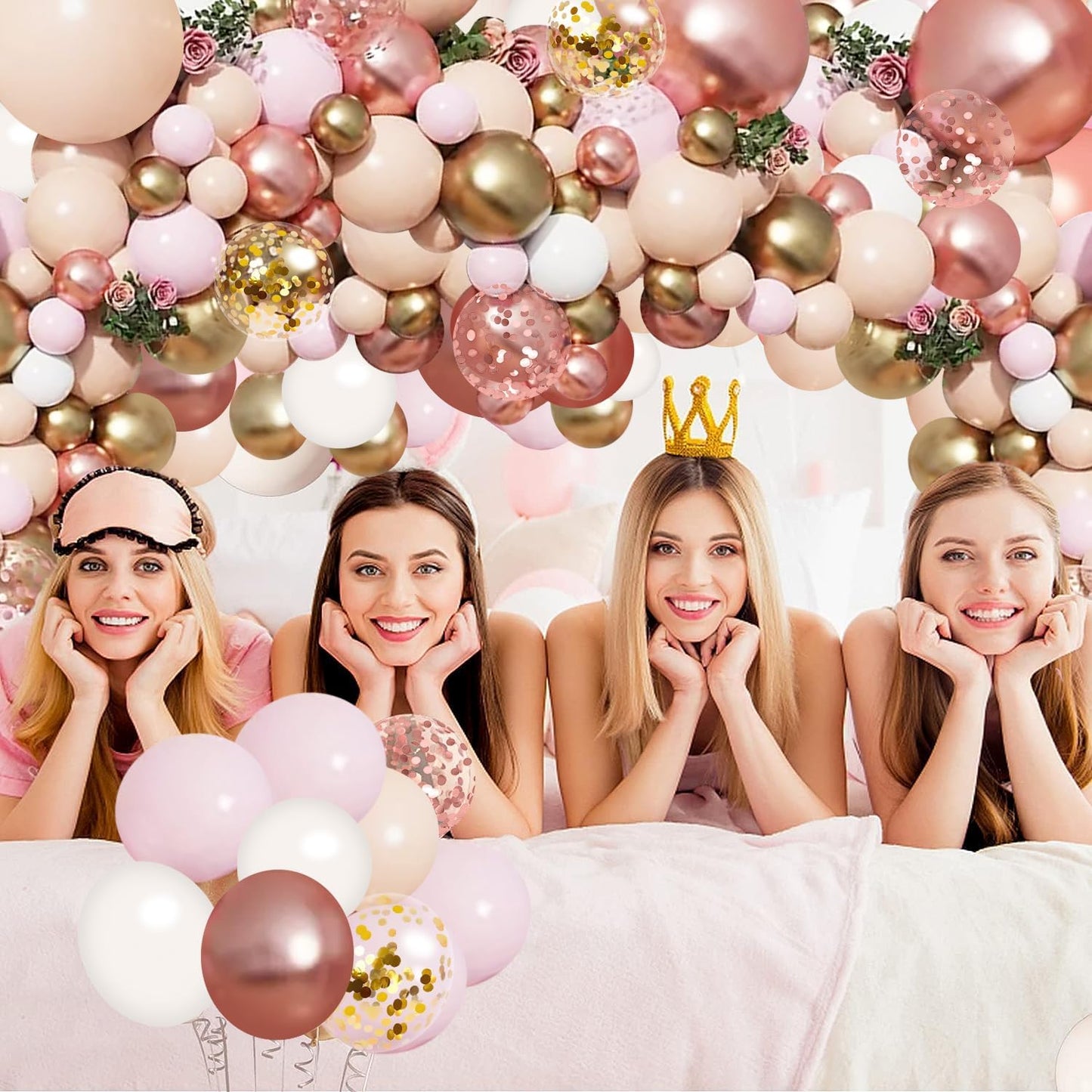 Blocesa Rose Gold Balloon Garland Kit, Nude Pastel Pink Metallic Gold Matte White Balloons Gold and Rose Gold Confetti Balloons for Girl Birthday Coquette Party Wedding Bridal Shower Decorations