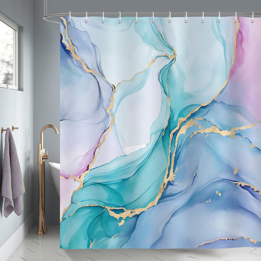Bonhause Colorful Marble Shower Curtain, Pink Purple Blue Ombre Modern Abstract Art Bathroom Curtain 72 x 72 Inch Polyester Fabric Waterproof Bath Curtain with 12 Hooks