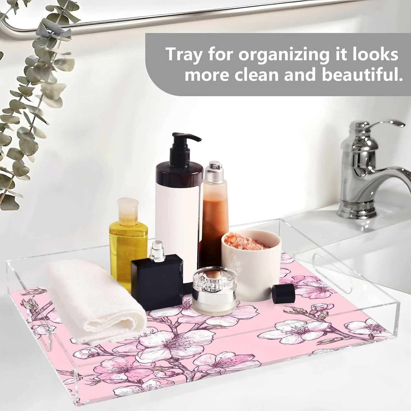 Peach Flowers Acrylic Serving Tray with Handles,Clear Serving Tray Decorative Organiser for Ottoman, Kitchen, Bedroom Decorative 12x16 Inches