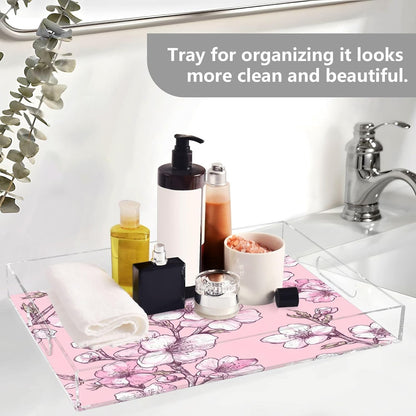 Peach Flowers Acrylic Serving Tray with Handles,Clear Serving Tray Decorative Organiser for Ottoman, Kitchen, Bedroom Decorative 12x16 Inches