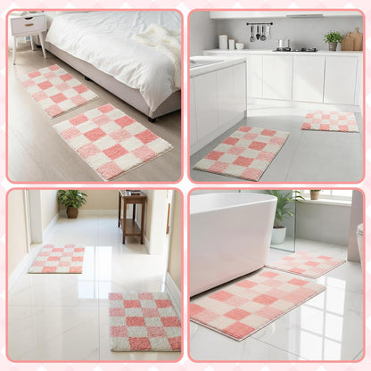 Breling Bath Mat Set of 2 Pink Checkered Fluffy Absorbent Microfiber Rugs Non Slip Non Skid Bath Mats for Bathroom Floor Tub and Shower, Washable, Ultra Soft, Quick Dry (32 x 20 Plus 24 x 17 - Inches)