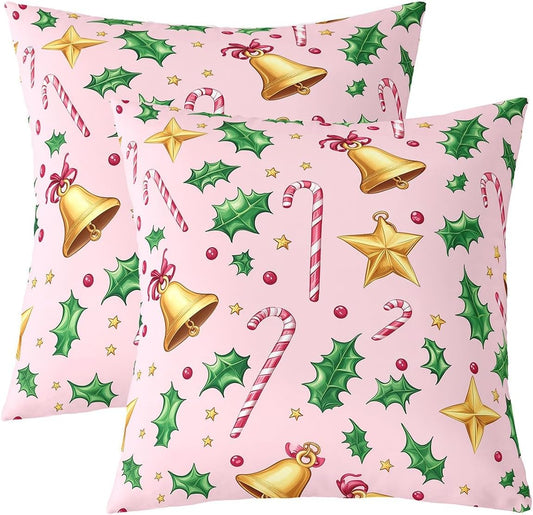 jejeloiu Merry Christmas Throw Pillow Covers 2 Pcs Christmas Crutch Cushion Covers Pillow Case for Couch Sofa Bell Cushion Case Peach Pink Kids Boys Girls Bedroom Decor 22 x 22-Inch