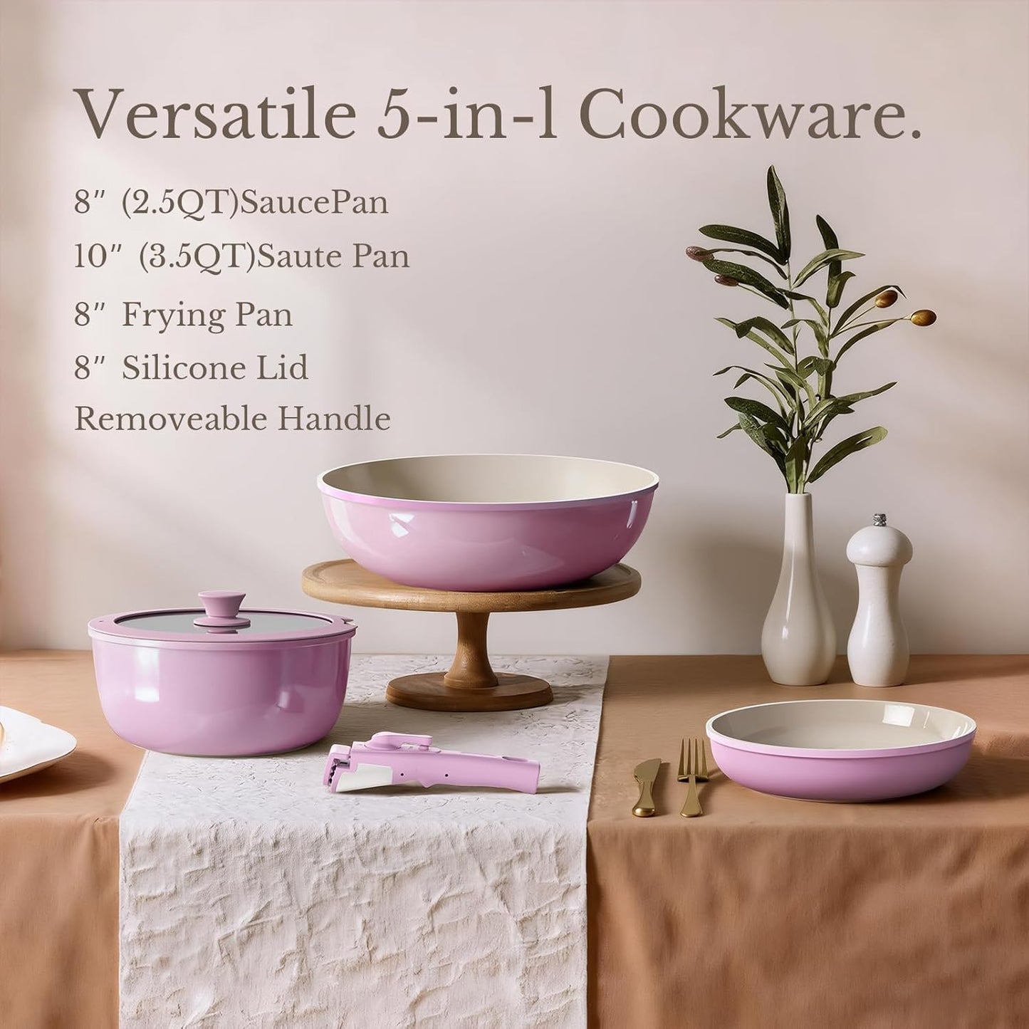 Pots and Pans Set Non Stick, Ceramic Cookware Set Detachable Handle, RV Camping Kitchen Cooking Set Removable Handles, Dishwasher/Oven/Fridge Safe, Induction, Space Saving，PINK