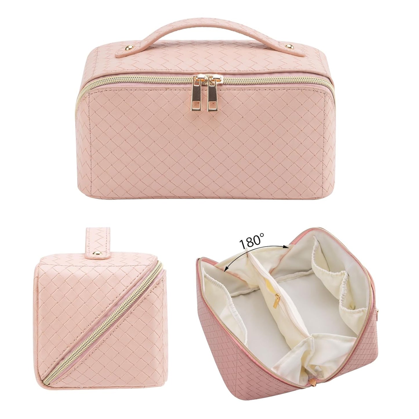 Large Capacity Travel Makeup Bag for Women, Waterproof Portable Cosmetic Bag with Compartments, Foldable Flat Lay Design for Easy Access, Perfect for Toiletries & Beauty Essentials (Pink)