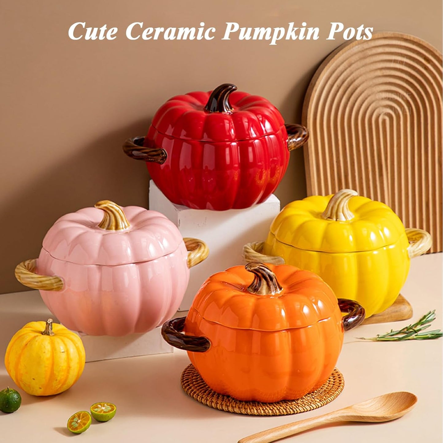 Pumpkin Soup Bowl, 64oz Ceramic Pumpkin Pot Microwave & Dishwasher Safe Casserole Dish with Lid, Dutch Oven Pot Stockpot Cookware for Home Thanksgiving Halloween Party (Pink)