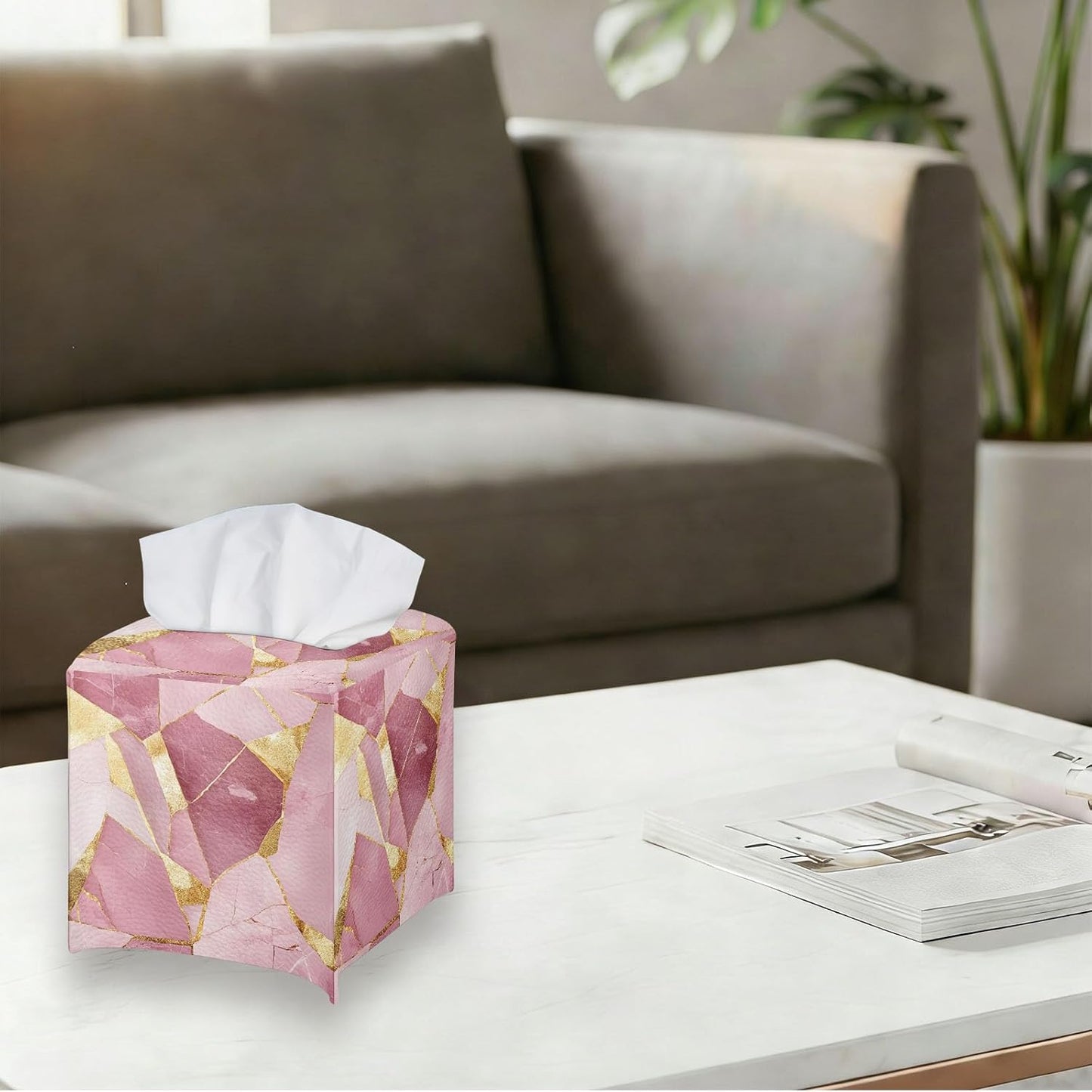 Tissue Box Cover Square, PU Leather Tissue Box Holder for Bathroom, Living Room & Office Desk, Pink Marble with Gold Foil Inlay, Decorative Modern Tissue Box Cover