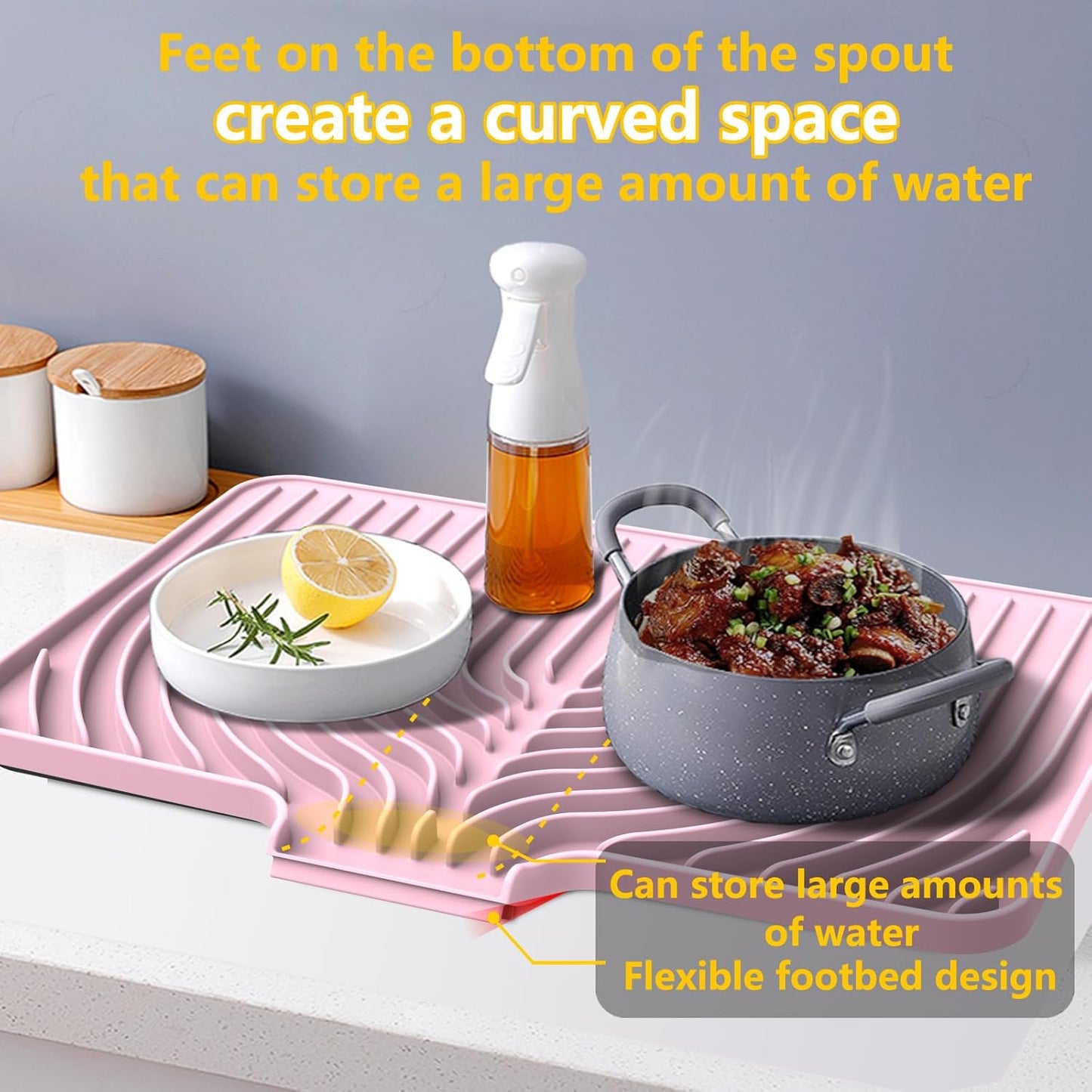 Silicone Drying Mat for Kitchen Counter , Dish Drying Rack Matt with Built in Drain, 18 Inch Dry Mats for Dishes Drying Pad for Kitchen Counter (18×12inch, pink)