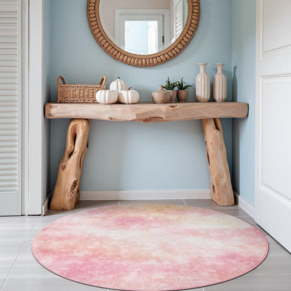 jinchan 4ft Round Rug Dreamy Abstract Washable Cute Entryway Mat Non Slip Elegant Peachy Pink Circle Rug Soft Low-Profile Artistic Cloud Effect Throw Carpet for Dorm Bathroom Playroom Balcony