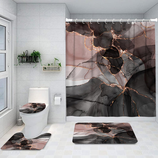 Ansouyi 4Pcs Bathroom Shower Curtain Sets with Non-Slip Rugs, Toilet Lid Cover and Bath Mat, Abstract Pink Gold Black Marble Durable Waterproof Shower Curtain for Bathroom Set, 72x72 Inch