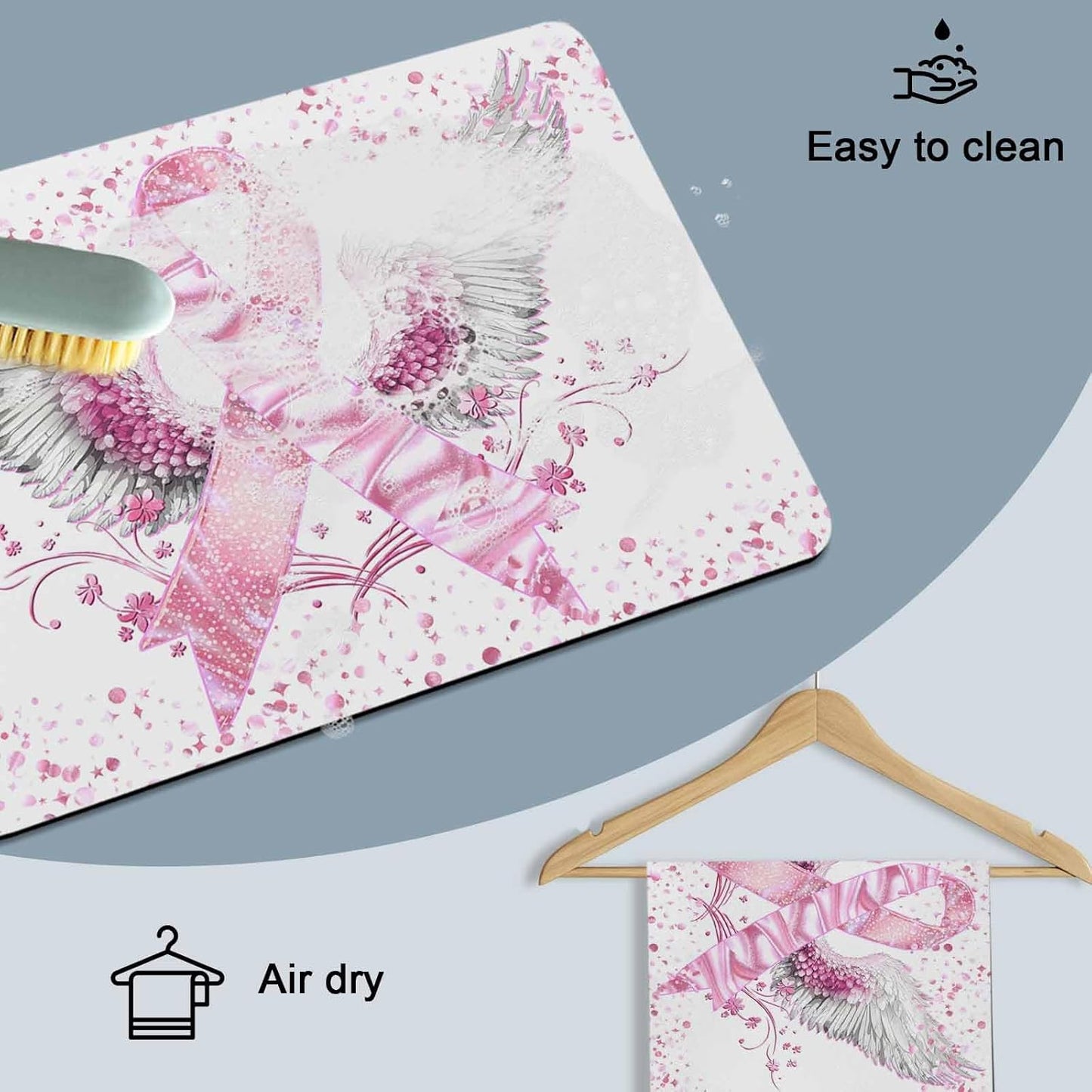 Pink Ribbon Wings Dish Drying Mat for Kitchen Counter, Absorbent Quick Dry Coffee Bar Mat Pad Thin Diatomaceous Sink Mats, Bows Flowers Love Heart Abstract Non Slip Dish Drainer Mats 12''x16''