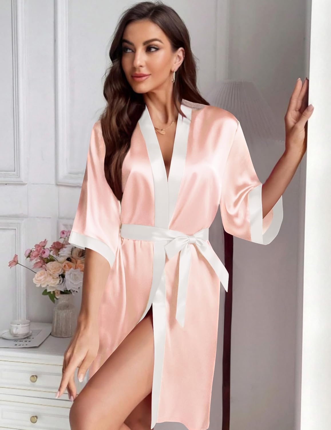 Ekouaer Women's Satin Robes Silk Kimono Bathrobe 3/4 Sleeve Bridal Bridesmaids Robes Soft Silky Sleepwear S-XXL