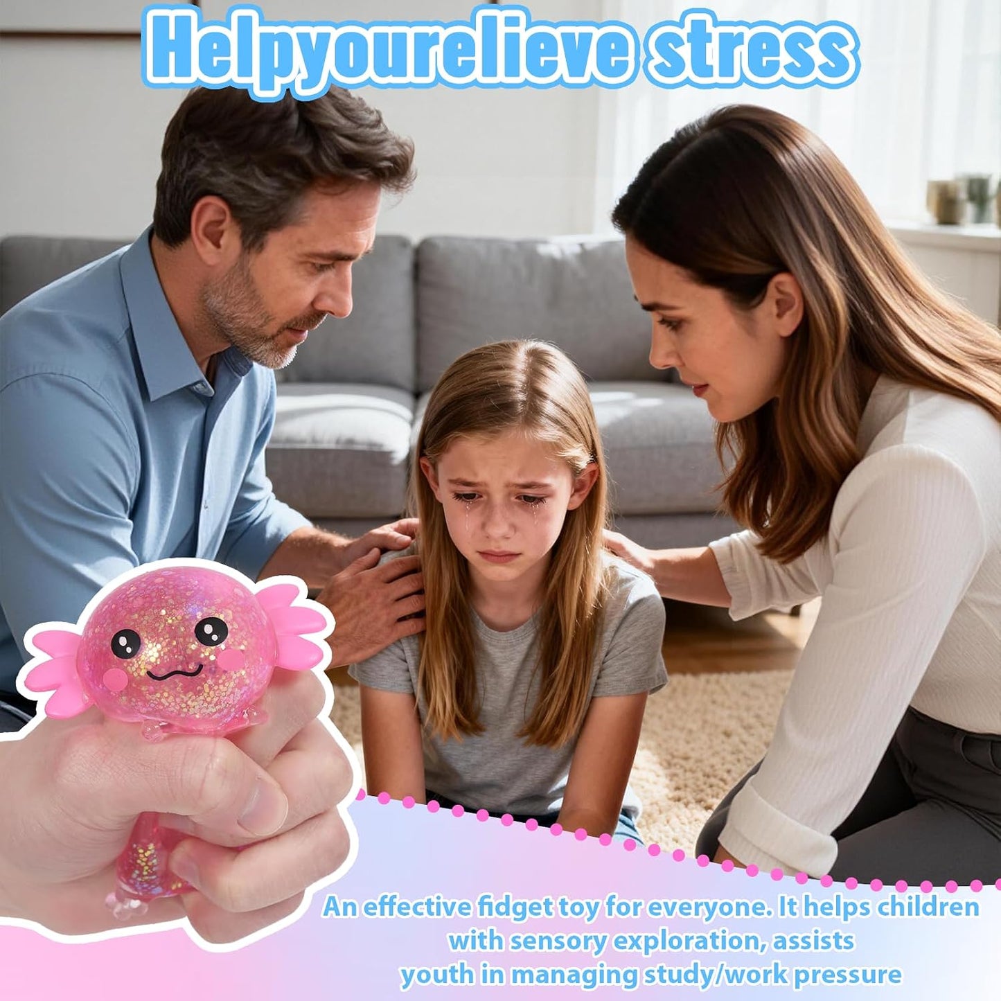 Axolotl Squishy Toy, Cute Slow Rising Fidget Toy for Stress Relief, Soft Squeeze Sensory Toy for Kids and Adults, Handheld Stress Ball for Anxiety and Focus(Pink)