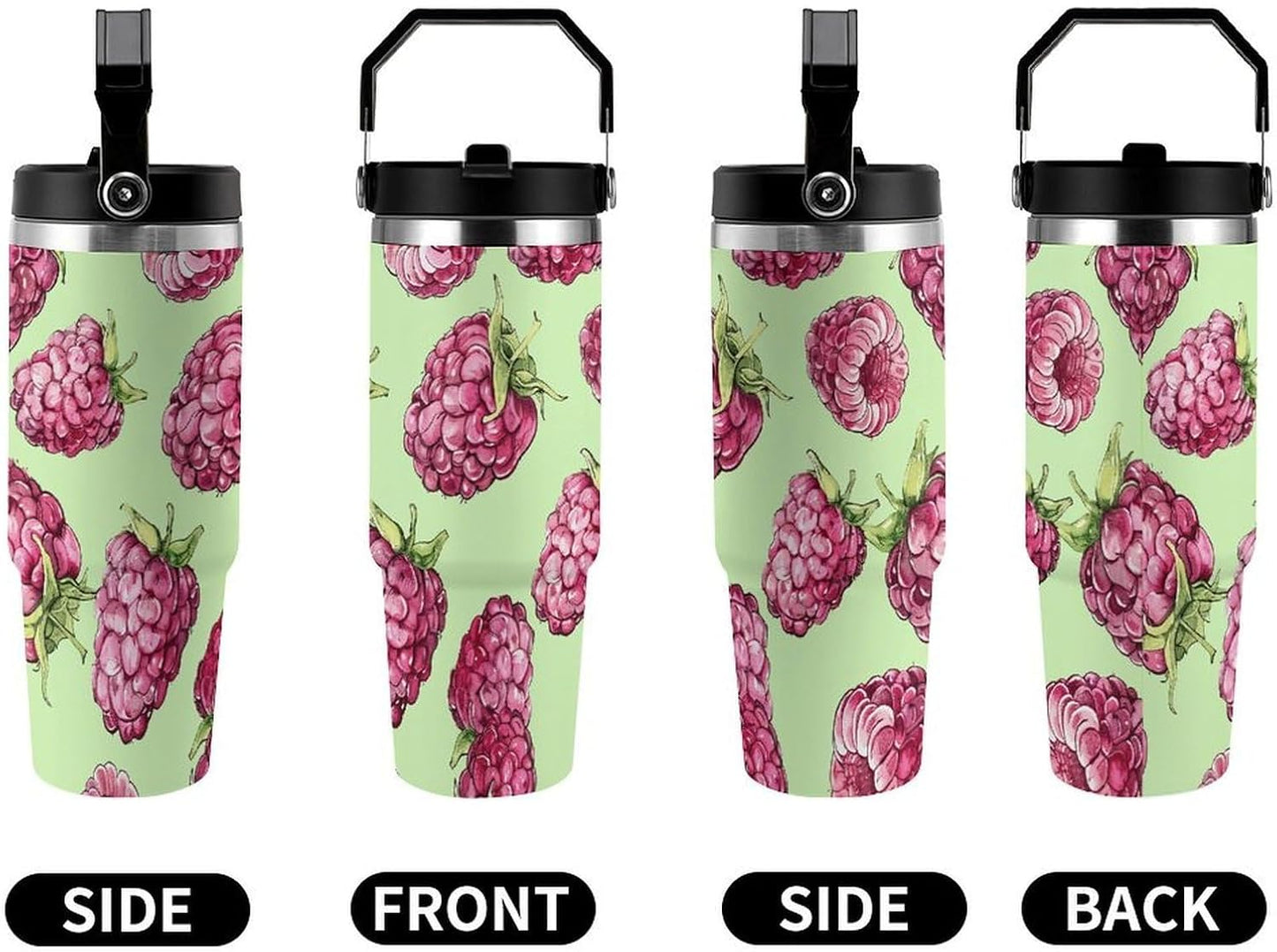 30 Oz Tumbler with Handle, Stainless Steel Peach Raspberry Pattern Travel Cup with Straw, Double Wall Vacuum Coffee Mug with Lid, Leak Proof Water Bottle for Party, Gift