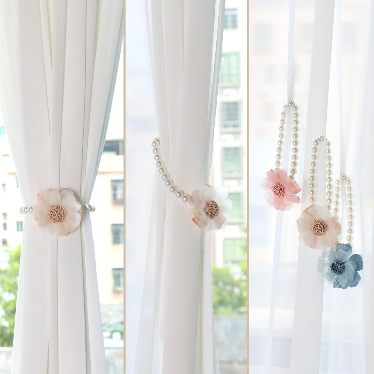 4 Pack of Pearl Magnetic Curtain Tiebacks with Handmade Flower Decorative Curtain Holdbacks Curtain Ties Magnetic Tie Backs for Curtains (4, Pink)