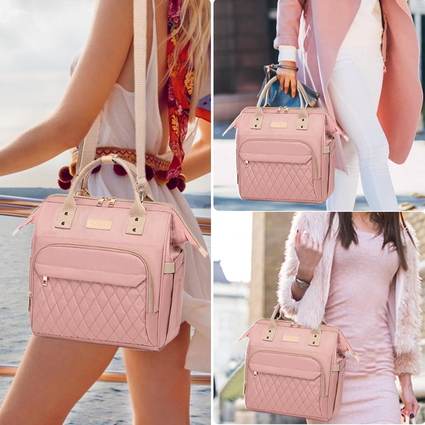 AIJIEKE Large Insulated Lunch Bag for Women, Stylish Leakproof Lunch Box for Work with Multi-Pockets & Adjustable Strap, Reusable Thermal Lunch Tote Cooler for Adult, Picnic, Beach, Pink