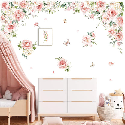decalmile Large Pink Flower Wall Decals Pink Blossom Floral Vine Butterfly Wall Stickers Baby Nursery Girls Bedroom Living Room Wall Decor