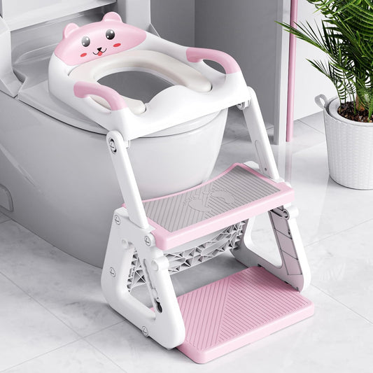 Orzbow Potty Training Seat with Step Stool Ladder for Toddlers, 7 Height Adjustable 2-in-1 Potty Training Toilet for Boys Girls, Splash Guard, Non-Slip, Stable Triangular Fits Most Toilets, Pink