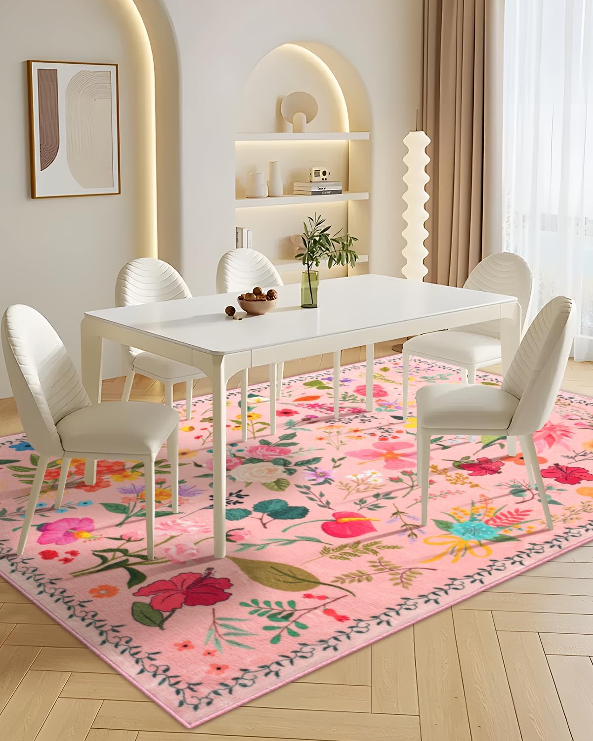 CRYPTOLITE Boho Washable Area Rug 5x7 – Floral Low Pile Non-Slip Carpet for Living Room, Bedroom, Office, Playroom, Entryway, Kitchen, Dining Room (Pink)