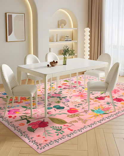 CRYPTOLITE Boho Washable Area Rug 5x7 – Floral Low Pile Non-Slip Carpet for Living Room, Bedroom, Office, Playroom, Entryway, Kitchen, Dining Room (Pink)
