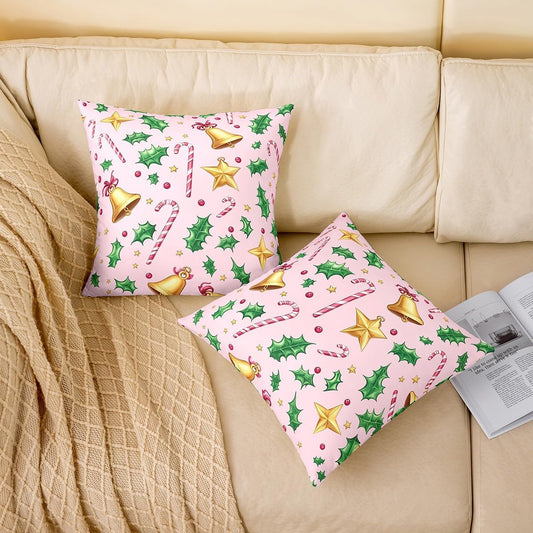 jejeloiu Merry Christmas Throw Pillow Covers 2 Pcs Christmas Crutch Cushion Covers Pillow Case for Couch Sofa Bell Cushion Case Peach Pink Kids Boys Girls Bedroom Decor 22 x 22-Inch