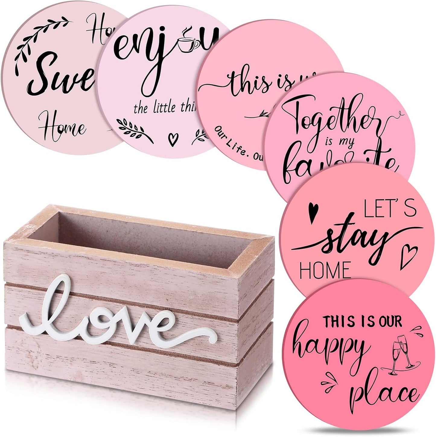 Queekay Coasters Set of 6 House Warming Gifts New Home Wooden Farmhouse Drink Coasters with Holder 4'' Funny Decoration for Kitchen Family Coffee Bar Tabletop Protection(Pink)