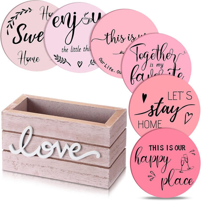Queekay Coasters Set of 6 House Warming Gifts New Home Wooden Farmhouse Drink Coasters with Holder 4'' Funny Decoration for Kitchen Family Coffee Bar Tabletop Protection(Pink)