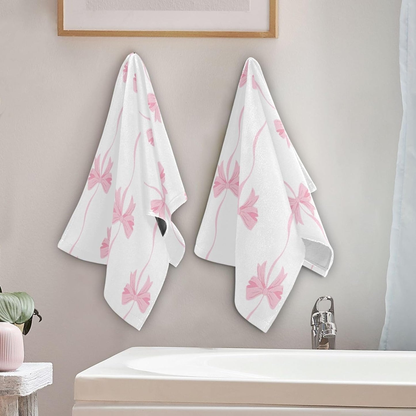 2 Pcs Cute Pink Bows Striped Hand Towels for Bathroom,Soft Absorbent Girly Romantic Ribbon Knot Bows on White Decorative Kitchen Towels Guest Bathroom Towels for Bath,Face,Shower,Gym 14"x28"