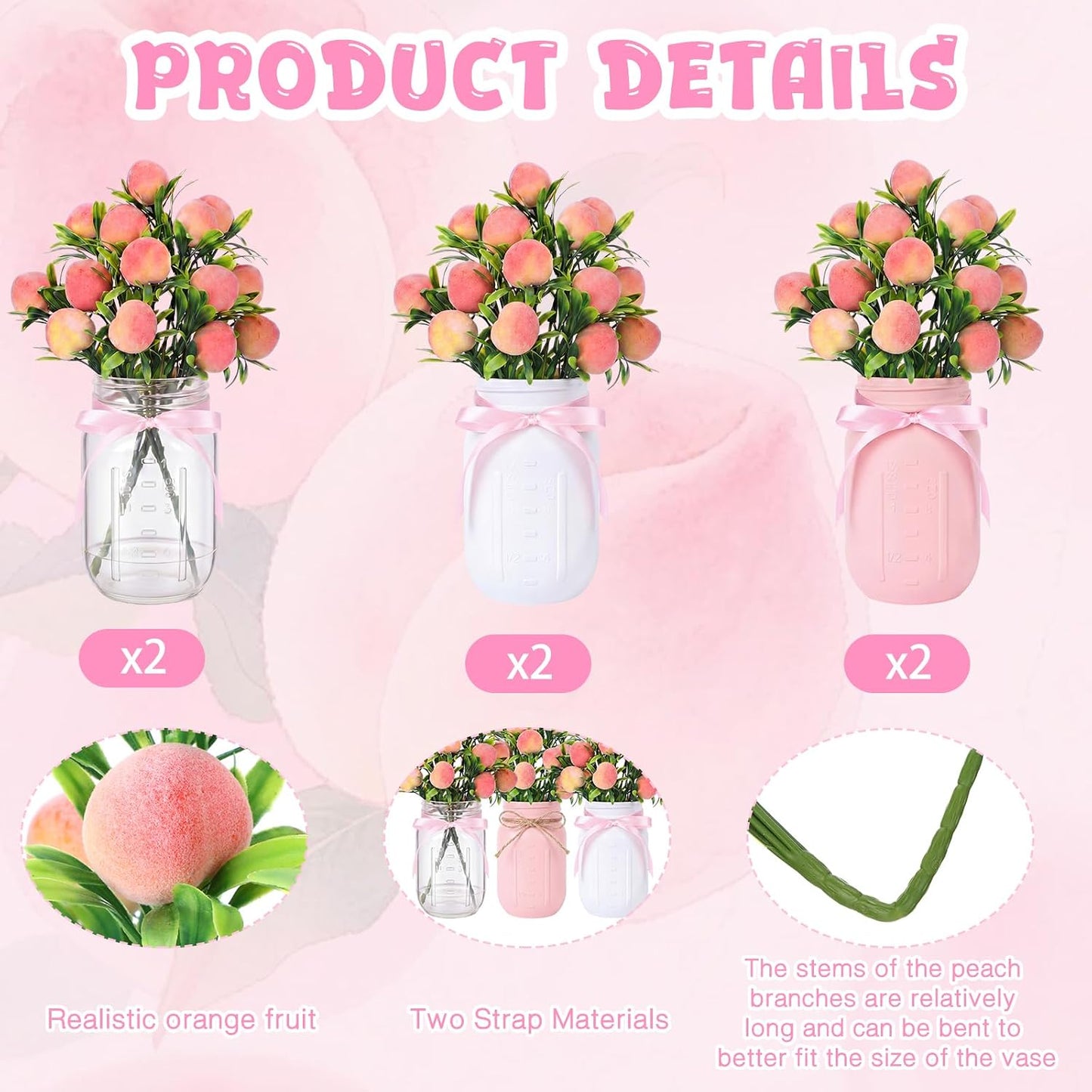6 Sets Artificial Peach Branches with Vase Ribbon 12.6'' Realistic Faux Fruit Bouquet Fake Stem with Green Leaves Decorative for Home Party Farmhouse Table Decor (Pink, White, Clear)