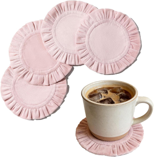 5 Inch Round Ruffle Velvet Coaster, Tabletop Protection, Coffee Table & Bar Decoration, Drink Coasters Suitable for Home Dining Tables & Kitchen Accessories Set of 4, Pink