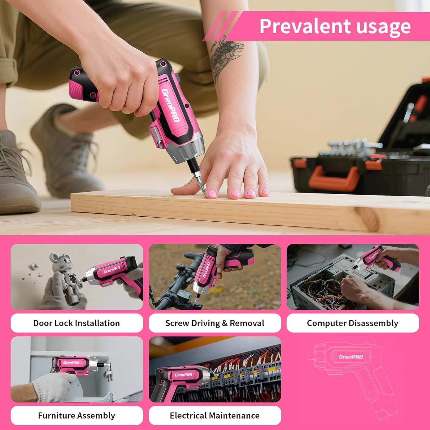 GRENPRO 4V Electric Screwdriver Rechargeable 29pcs, Cordless Screwdriver, USB Small Power Screwdriver Set with Bits, Pink, Ideal for Home Repairs