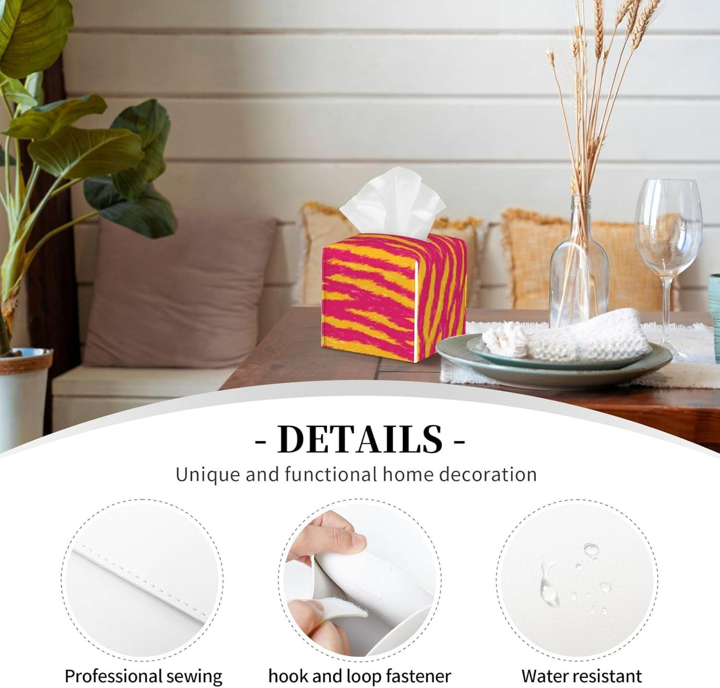 Neon Pink and Yellow Tiger Stripe Pattern Tissue Box Cover Square Pu Leather Waterproof Tissue Box Holder for Car Bathroom Bedroom Office Tabletop Decor