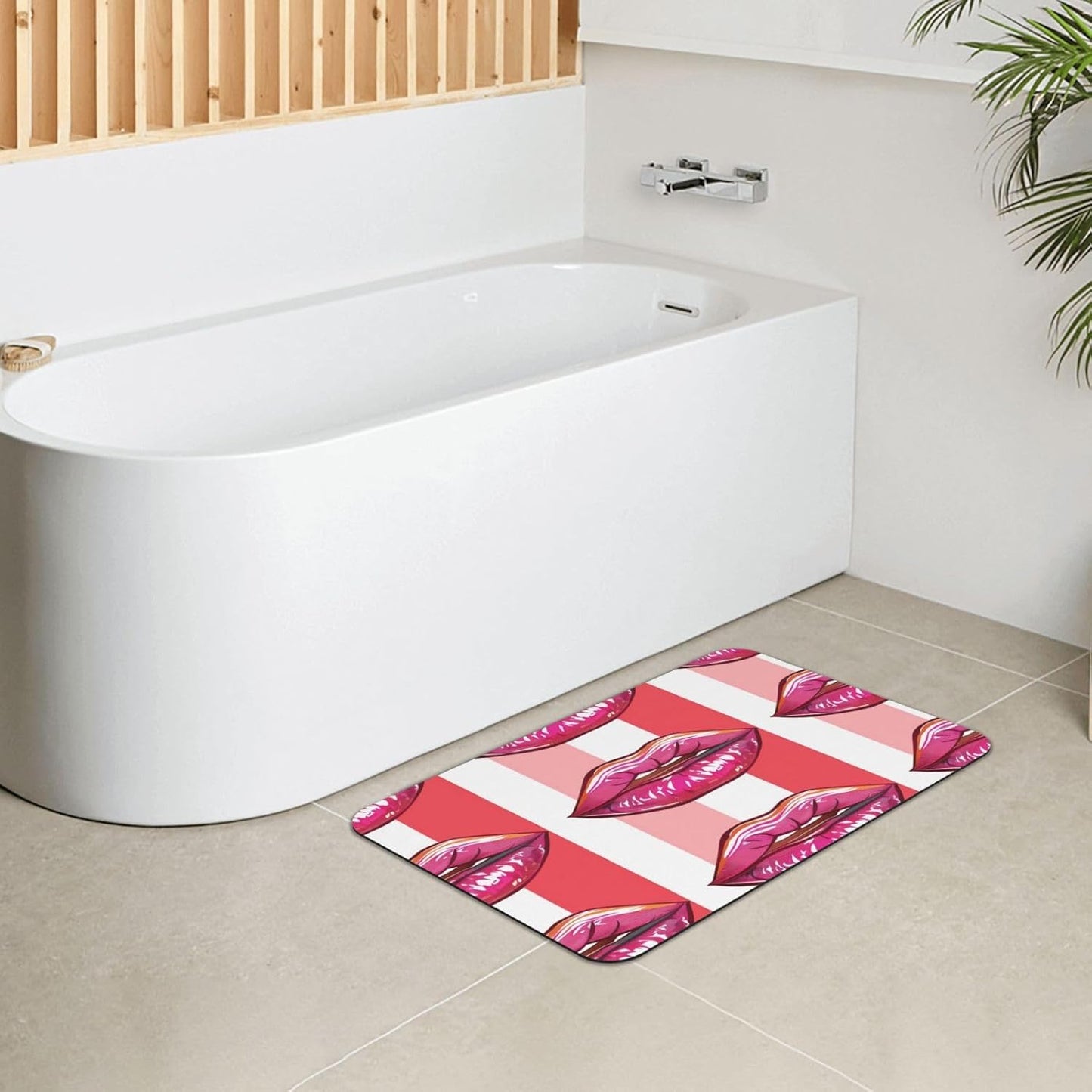 Pink Mouth Geometric Stripes Absorbent Bath Mat Non Slip Washable Doormat 15.7x23.6 in Quick Dry Shower Mat Thin Floor Rug for Bathroom Kitchen Entryway