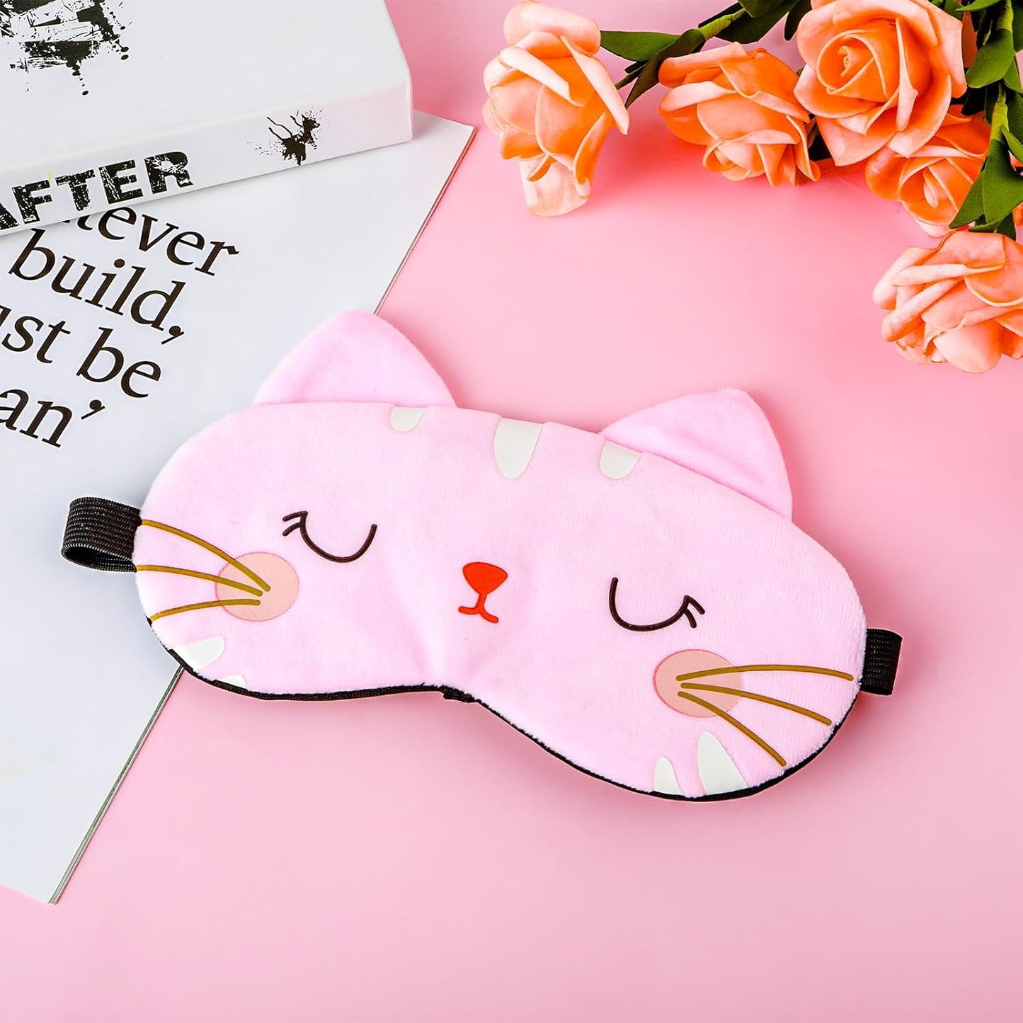 WLLHYF Cute Sleeping Eye Mask Soft Plush Cartoon Cat Blindfold Comfortable Animal Eye Cover Funny Novelty Sleeping Eye Shade for Women Men Kids Travel Nap Sleeping(Pink)