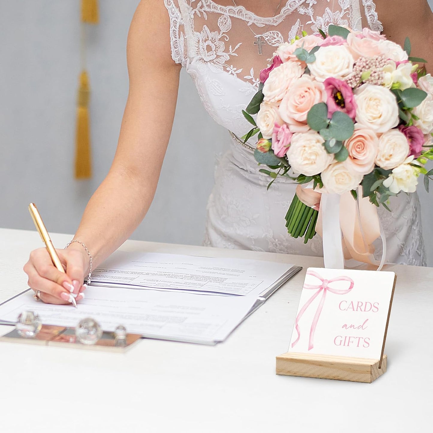 Coquette Pink Bow Cards and Gifts Sign, Gift Table Sign Wood Plaque, Bridal Shower Signs for Ceremony and Reception Wooden Plaque with Wood Stand for Wedding Reception Decorations, 4x4 Inch