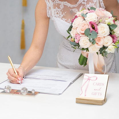 Coquette Pink Bow Cards and Gifts Sign, Gift Table Sign Wood Plaque, Bridal Shower Signs for Ceremony and Reception Wooden Plaque with Wood Stand for Wedding Reception Decorations, 4x4 Inch
