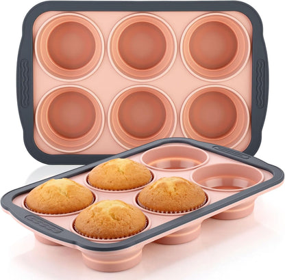 2 Pack Silicone Muffin Pan for Baking with Metal Frame, Collapsible 6 Cup Cupcake Baking Tray, Nonstick Silicone Muffin Tins for Oven, Dishwasher Safe Foldable Cupcake Molds (Pink)
