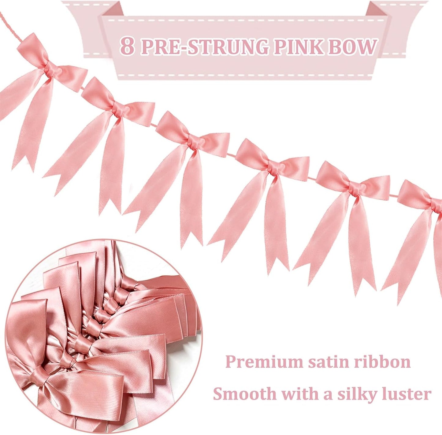 Bow Garland Ribbon Bow Banner for Coquette Birthday Decortions Girls Baby Shower Bow Party Decor (Peach Pink)