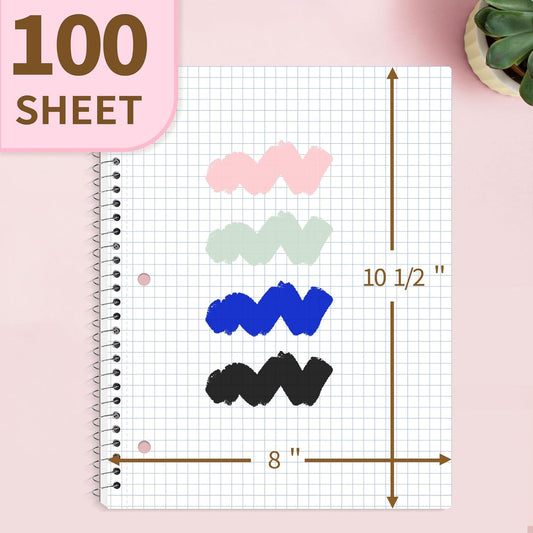 SUNEE Spiral Notebook, 1-Subject, Graph Ruled Paper, 8" x 10-1/2", 100 Sheets per Notebook, 3-Hole Punched Paper, Water Resistant Cover, Spiral Grid Notebooks for Work, Home, School, Writing, Pink