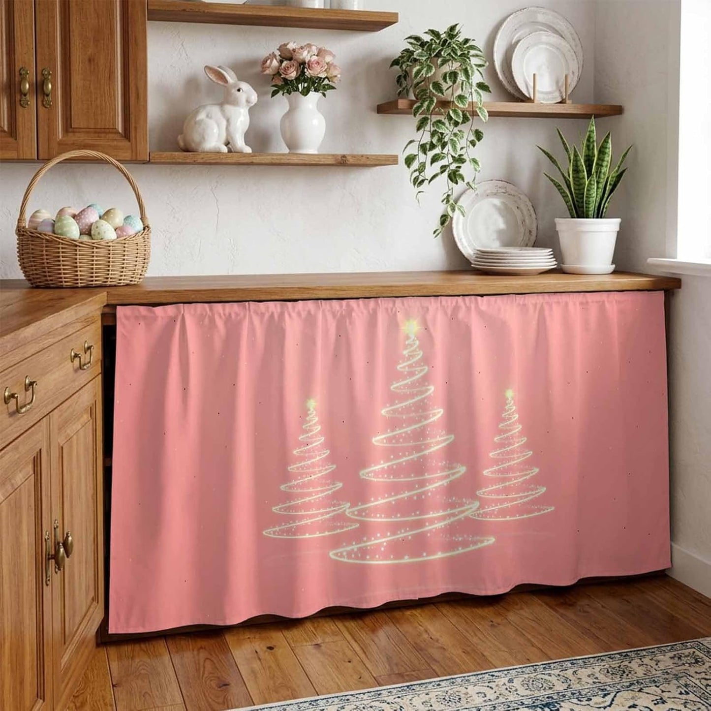 Chritsmas Tree Lights Cabinet Curtains 28"x51" Sink Skirt for Bathroom Kitchen, Pink Xmas New Year Holiday Self Stick Adhesive Under Desk Covers Tall Laundry Cabinet Storage Organizer