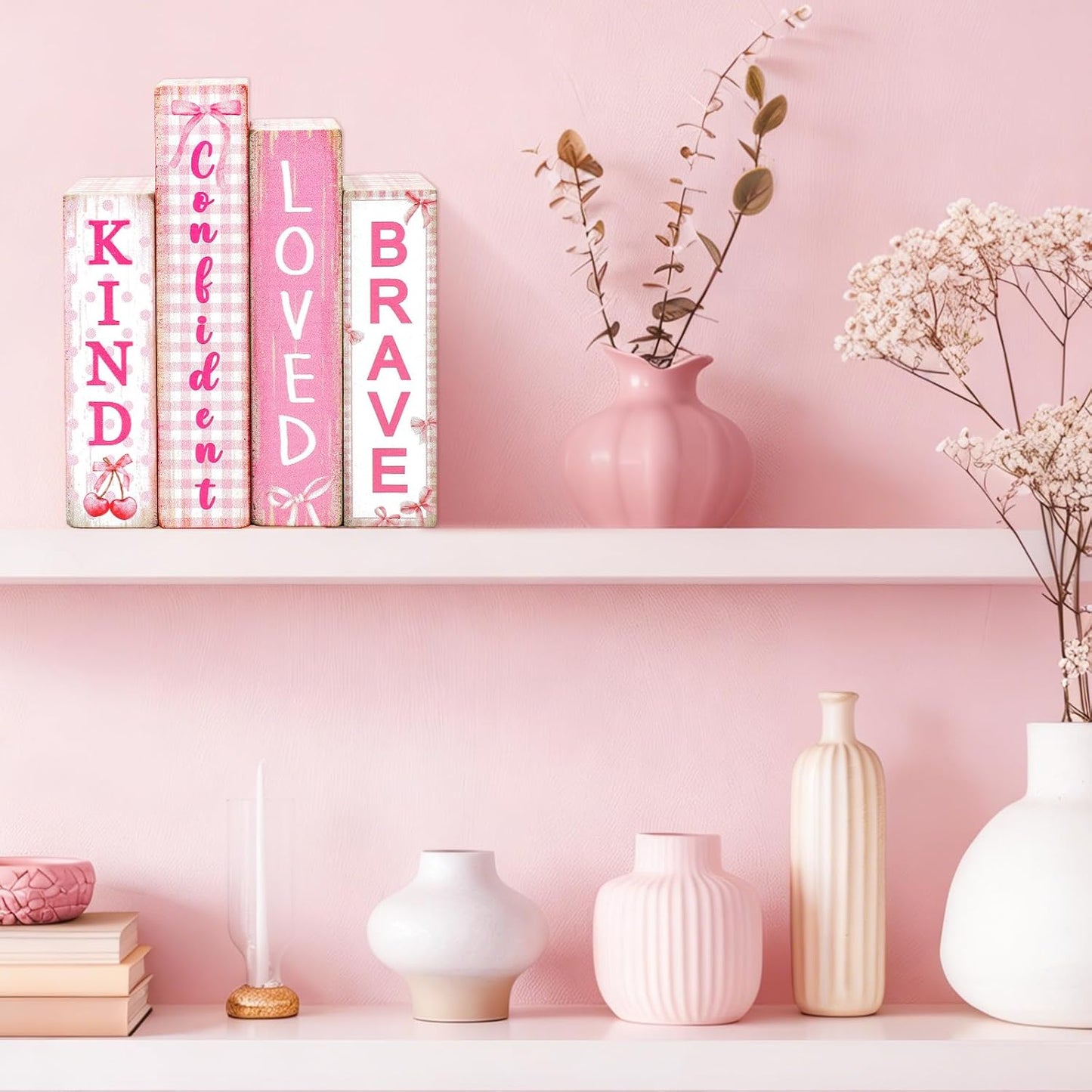 FYSUIMU 4Pcs Pink Bow Table Block Signs Wooden Book Sign Inspirational Table Centerpiece Sign for Farmhouse Home Room Party Shelf Decor