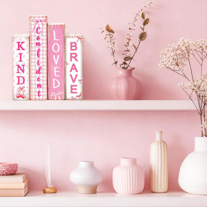 FYSUIMU 4Pcs Pink Bow Table Block Signs Wooden Book Sign Inspirational Table Centerpiece Sign for Farmhouse Home Room Party Shelf Decor