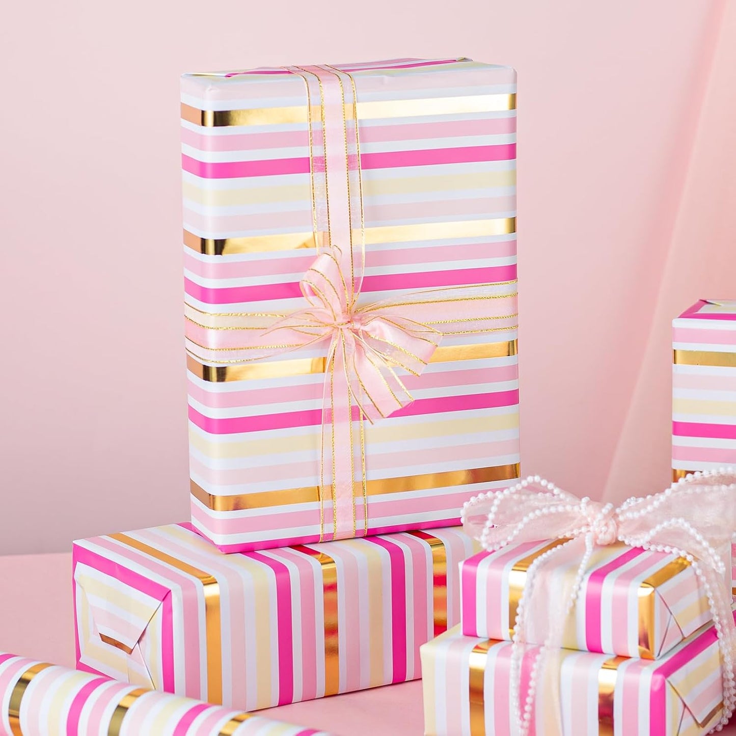 Flyhill Pink Wrapping Paper,Metallic Pink & Gold Foil Shimmering Stripe Gift Wrap With Grid Cutting Lines for Girls,Wedding,Baby Shower,Birthday (17 IN x 32.8 FT)