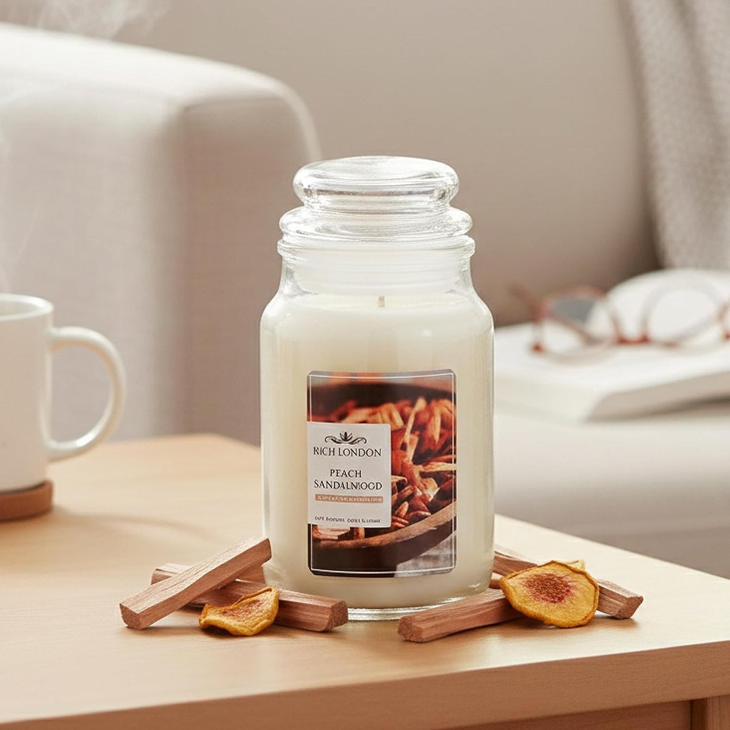 Rich London Peach Sandalwood Jar Candle – Highly Scented Soy Wax Candle with Cotton Wick & Essential Fragrance Oils for Relaxing Aromatherapy, Home Décor & Gifting