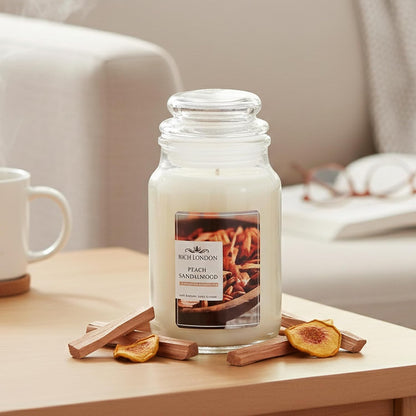 Rich London Peach Sandalwood Jar Candle – Highly Scented Soy Wax Candle with Cotton Wick & Essential Fragrance Oils for Relaxing Aromatherapy, Home Décor & Gifting