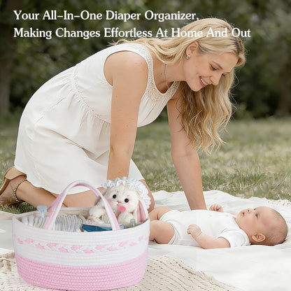 Diaper caddy Organizer, Cotton Rope Gift Basket with Removable Divider, Nursery Storage Organizer for Baby Essentials, Changing Table Diaper Storage Caddy (Pink)