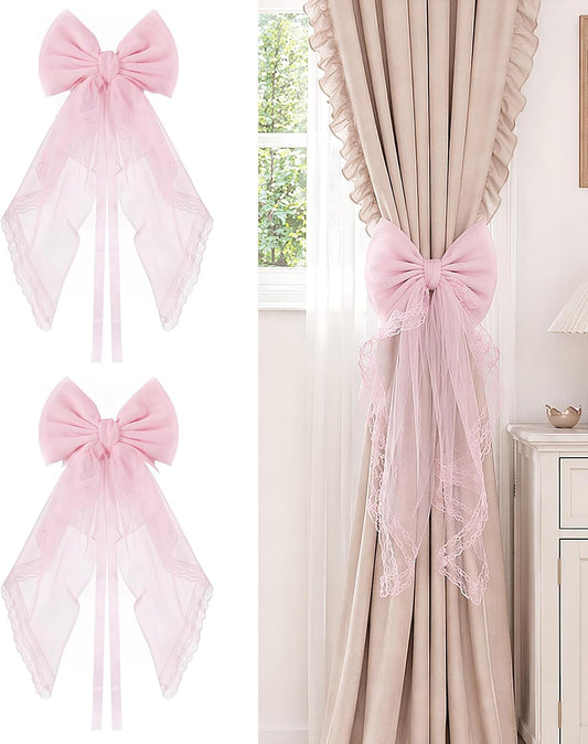 2 Pack French Lace Bow Curtain Tiebacks, Large Bow Curtains Holdbacks Ties for Home Bedroom Wedding Party Décor (Pink)