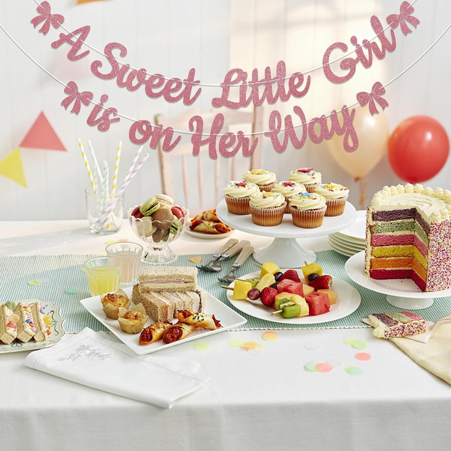 A Sweet Little Girl is on Her Way Banner - Pink Bow Baby Shower Decorations, Sweet Baby Girl Gender Reveal Party Decorations Rose Gold Glitter