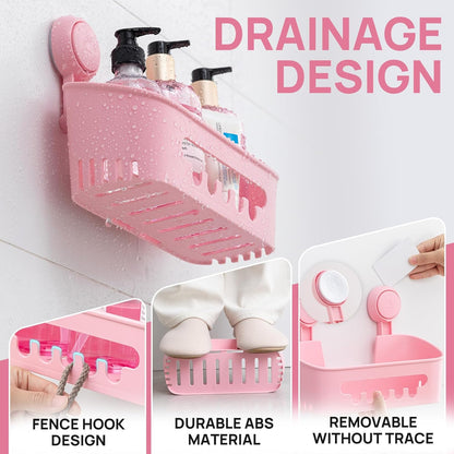 LEVERLOC Shower Caddy Suction Cup 2 Pack, Shower Organizer Removable Bathroom Shelf, Storage for Inside Shower Powerful Suction Max Hold 22lbs Waterproof Holder, Pink
