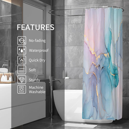 Gibelle Abstract Marble Shower Curtain, Watercolor Pink Turquoise Shower Curtain for Bathroom, Modern Ink Art Decor Waterproof Fabric Shower Curtain Set with Hooks, 71x71