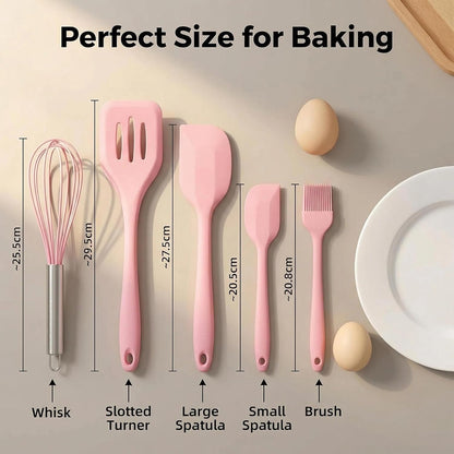 5 piece silicone cooking and baking set PINK, Heat resistant silicone utensils, Non Stick Silicone cooking Set,Brucsh, Whisk,Slotted Spatula, Big Spatula,Small Spatula
